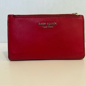 Kate Spade Staci red saffiano zip card case wallet with gold logo
